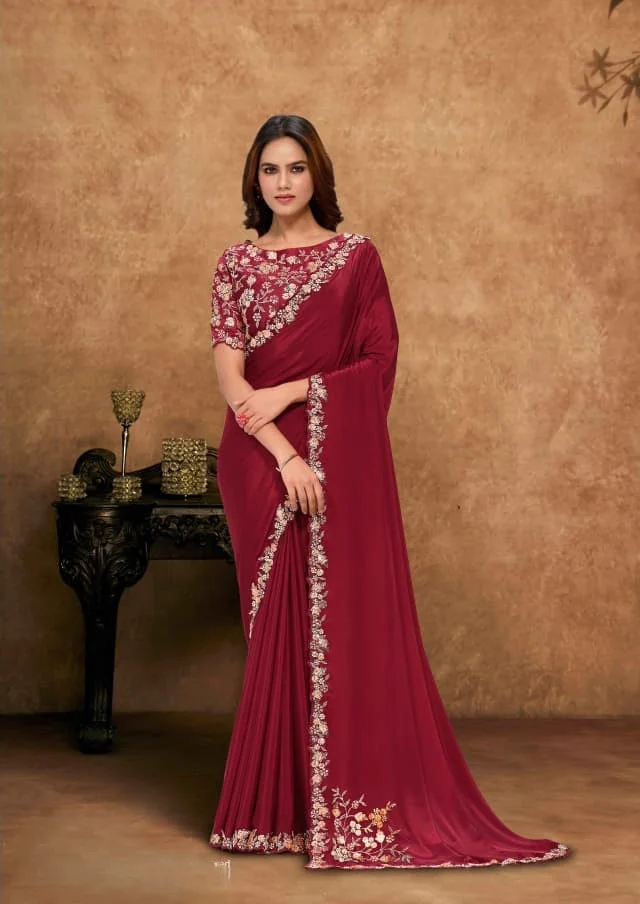 Designer Party Wear Saree – Maroon Red